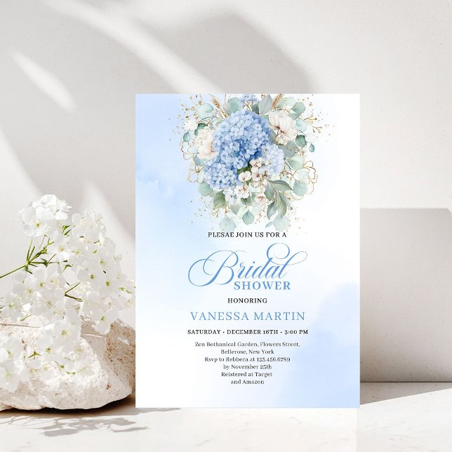 Convite de Chuveiro de Eucalipto Azul Botânico de  (Botanical Blue Hydrangea Eucalyptus Shower Invitation)