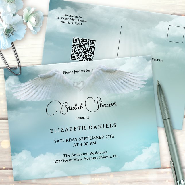 Convite de Chuveiro de Noiva Anjo Bênçãos Celestia (Bridal shower invitation postcard featuring a heavenly scene with dream clouds and angel wings)