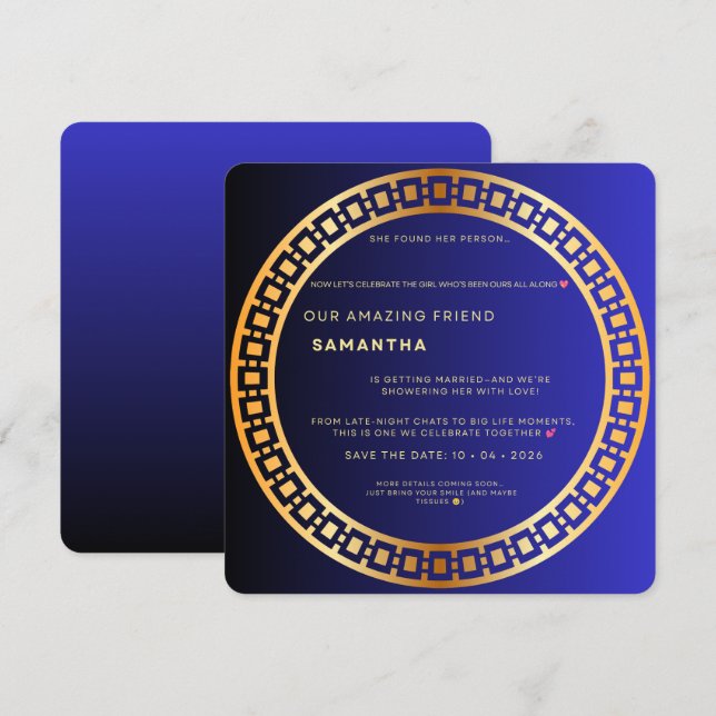 Convite de Chuveiro de Noiva Azul Real e Dourado – (Frente/Verso)