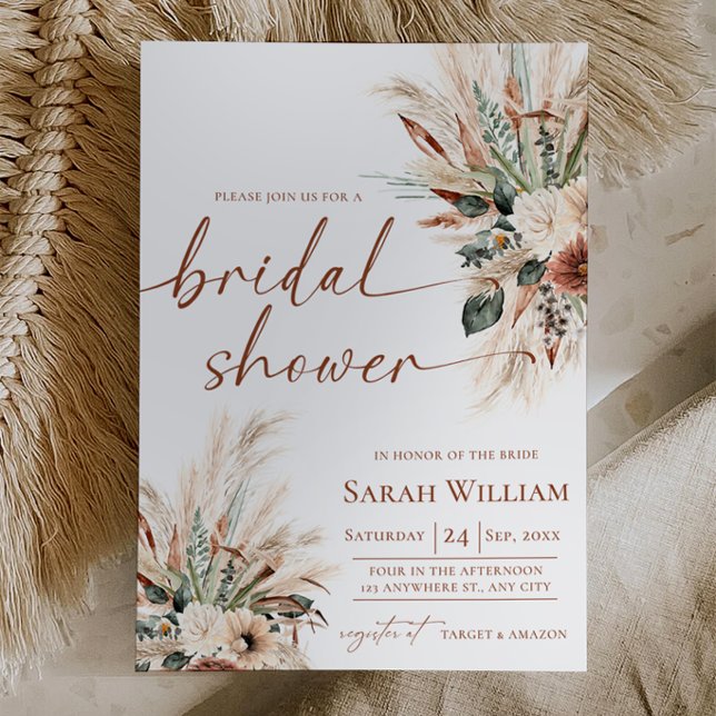 Convite de Chuveiro de Noiva Boho Pampas Rust Gree (Pampas Grass Bridal Shower Invite Rust Greenery | Fall Boho Invitation Neutral Earthy Tones 5×7)