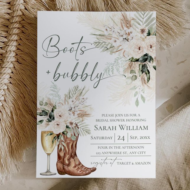 Convite de Chuveiro de Noiva Boots Bubbly Greenery (Boots & Bubbly Bridal Shower Invitation | White Cream Greenery Rustic Western Boho)