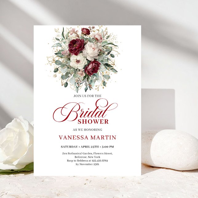 Convite de Chuveiro de Noiva Burgundy Tendência co (Trendy Burgundy Greenery Bridal Shower Invitation)