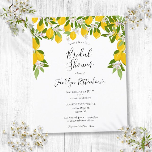 Convite de Chuveiro de Noiva com Limões e Folhagen (Lemons Greenery Budget Bridal Shower Invitation)