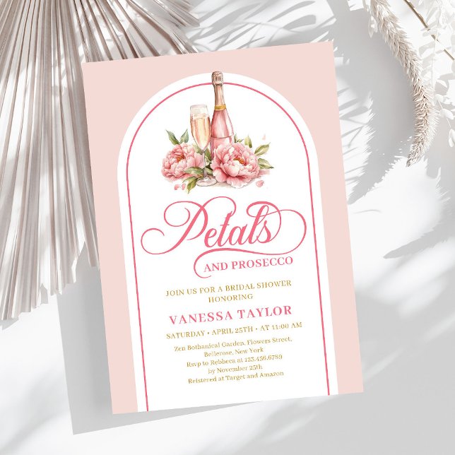 Convite de chuveiro de noiva com pétalas elegantes (Chic petals and prosecco blush gold shower invite)