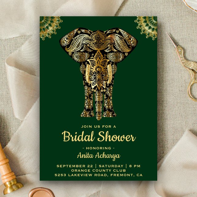 Convite de Chuveiro de Noiva Elefante Verde Dourad (Criador carregado)