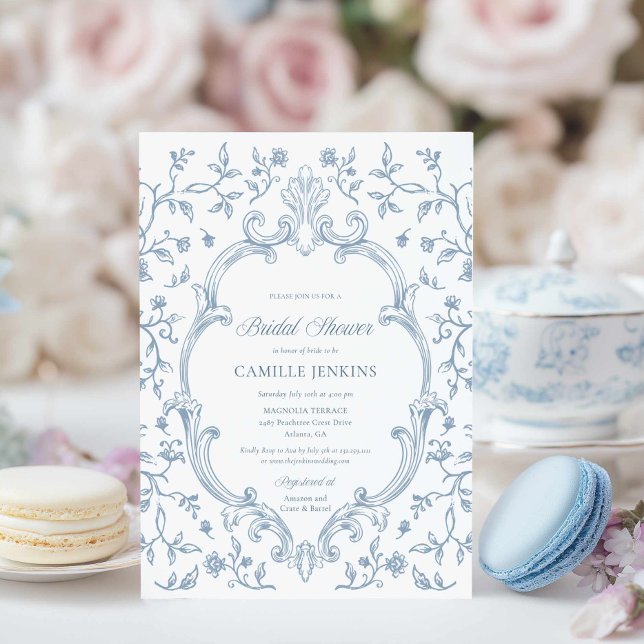 Convite de Chuveiro de Noiva Elegante com Crista T (Classic Blue Crest and Toile Bridal Shower Invitation)