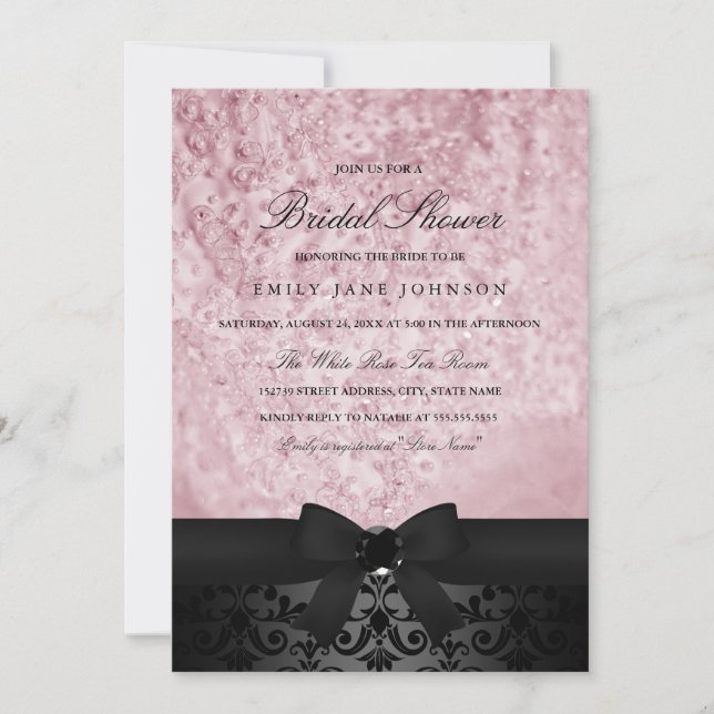 Convite de Chuveiro de Noiva Elegante Preto e Rosa (Frente)