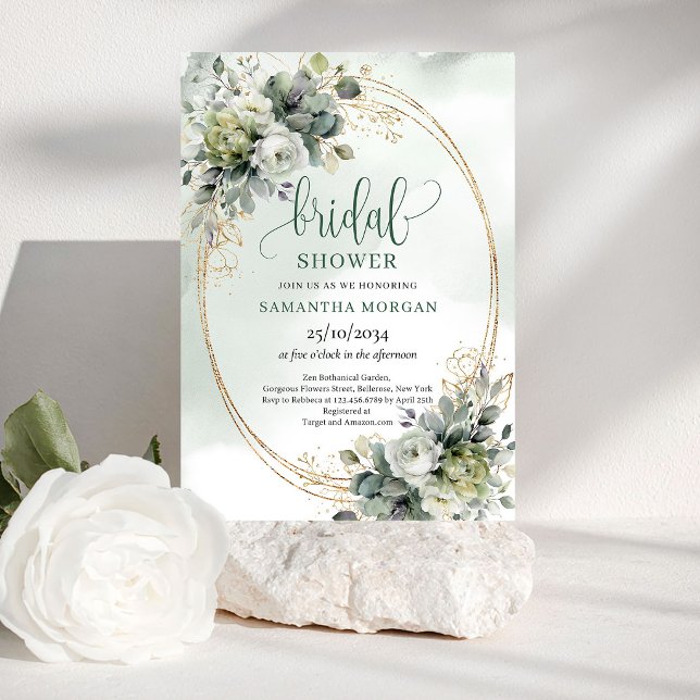 Convite de Chuveiro de Noiva em Verde Poeirento e  (Dusty Green Greenery Bridal Shower Invitation)