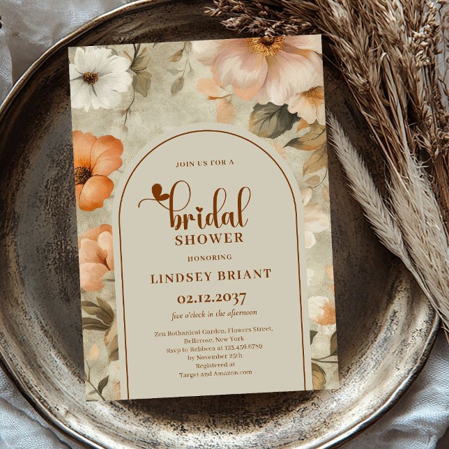 Convite de Chuveiro de Noiva Floral de Cobre Boho  (Trendy Boho Copper Sage Floral Bridal Shower Invitation)