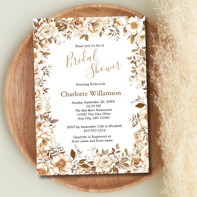 Convite de Chuveiro de Noiva Floral Elegante Doura (Gold White Beige Brown Floral Boho Bridal Shower Invitation)