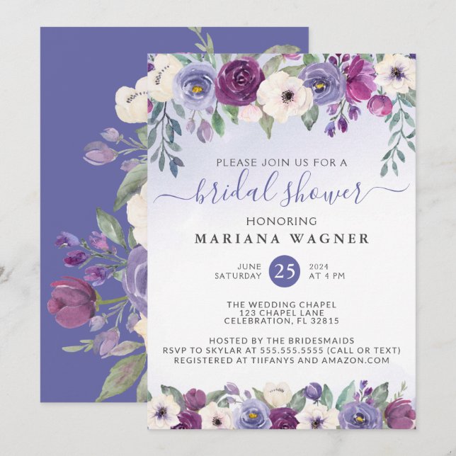 Convite de Chuveiro de Noiva Floral Roxo Azul Peri (Frente/Verso)