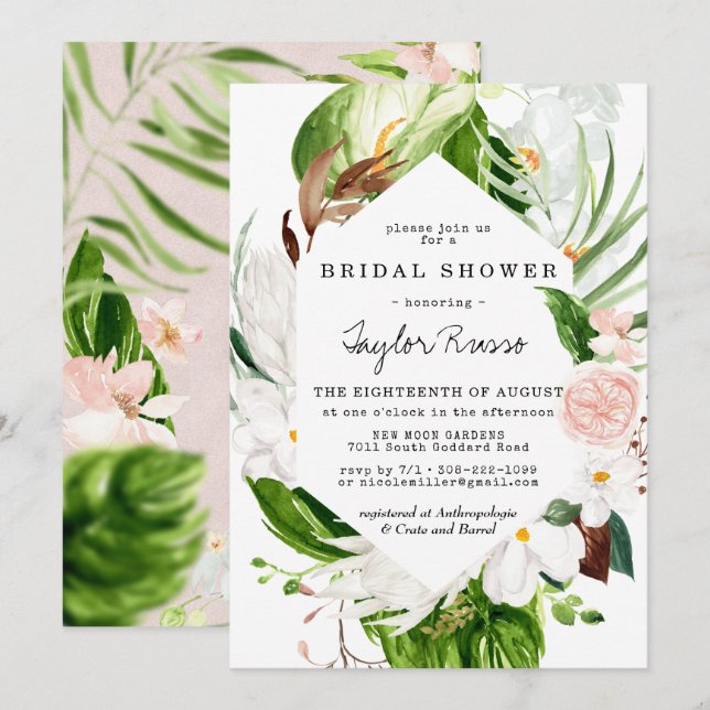 Convite de Chuveiro de Noiva Floral Tropical Blush (Frente/Verso)