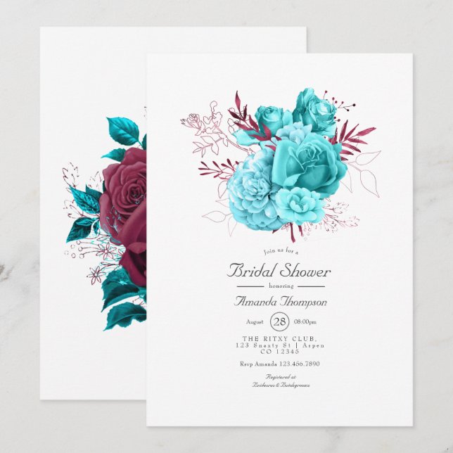 Convite de Chuveiro de Noiva Floral Turquesa e Bor (Frente/Verso)
