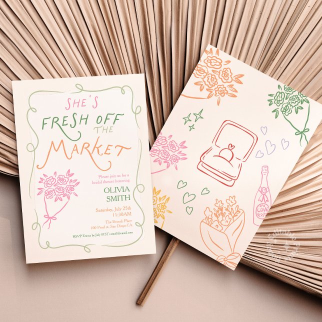 Convite de Chuveiro de Noiva Fresco do Mercado (fresh off the market bridal shower, bridal shower doodle whimsical)