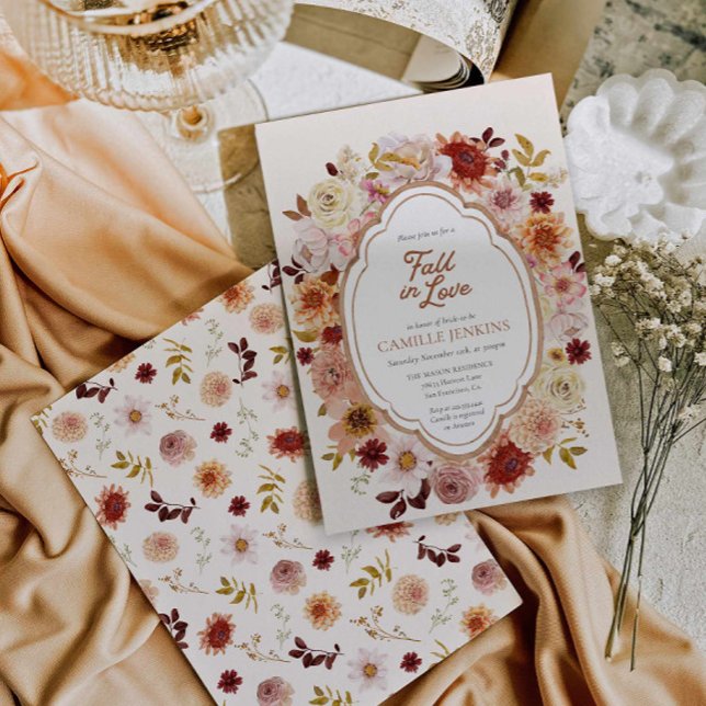 Convite de Chuveiro de Noiva Outono Apaixonado (Fall in Love Autumn Floral Bridal Shower Invitation)