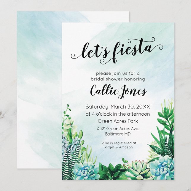 Convite de Chuveiro de Suculentas em Aquarela Fies (Frente/Verso)