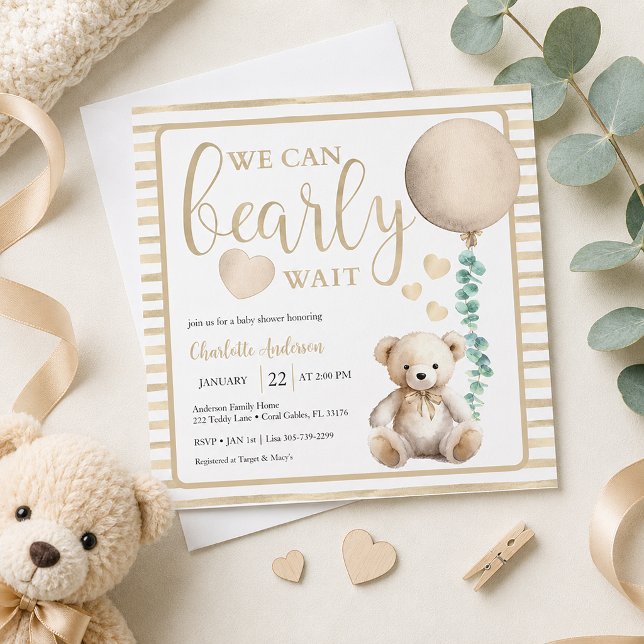 Convite de Chuveiro de Urso Teddy Neutro Mal Pode  (Baby shower invitation with teddy bear)