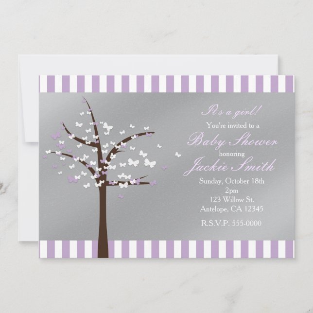 Convite de Chuveiro Lavanda & Cinza Butterfly Tree (Frente)