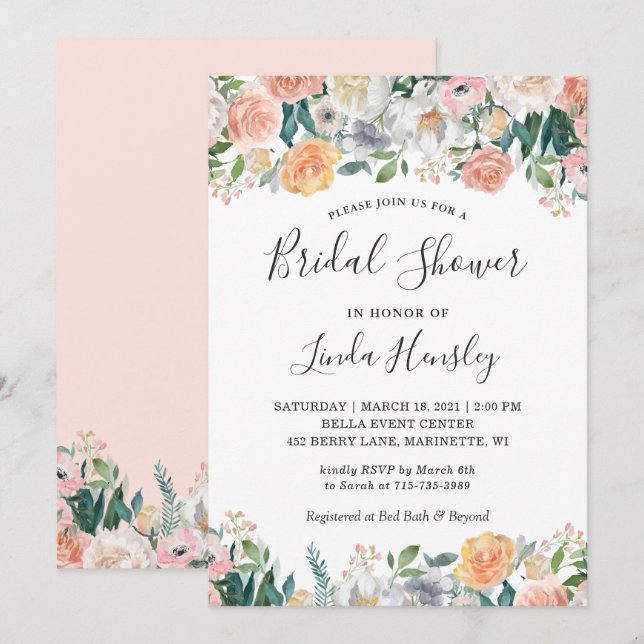 Convite de Chuveiro Nupcial com Rosas de Jardim Fl (Frente/Verso)