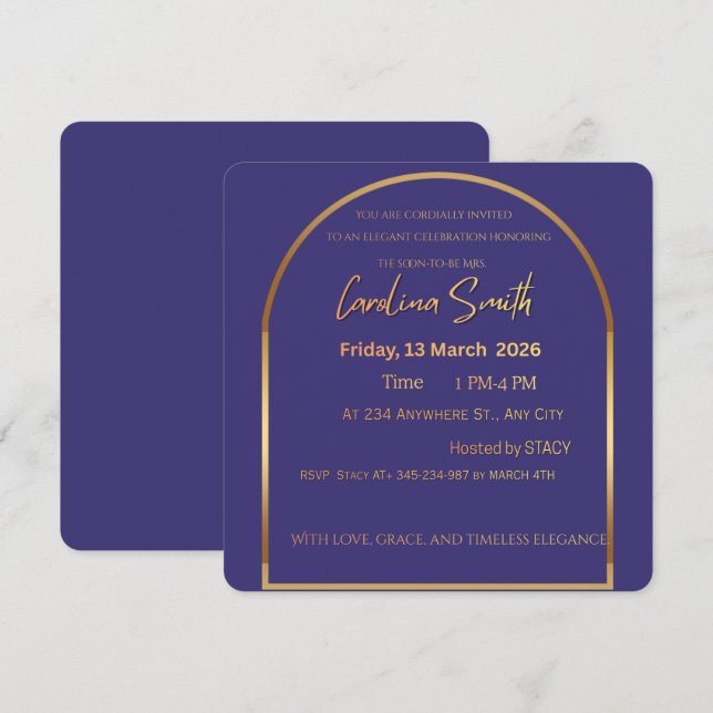 Convite de Chuveiro Nupcial de Luxo Roxo e Dourado (Frente/Verso)