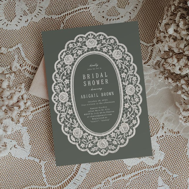 Convite de Chuveiro Nupcial de Renda Floral Verde  (Sage Green Floral Vintage Lace Bridal Shower Invitation)