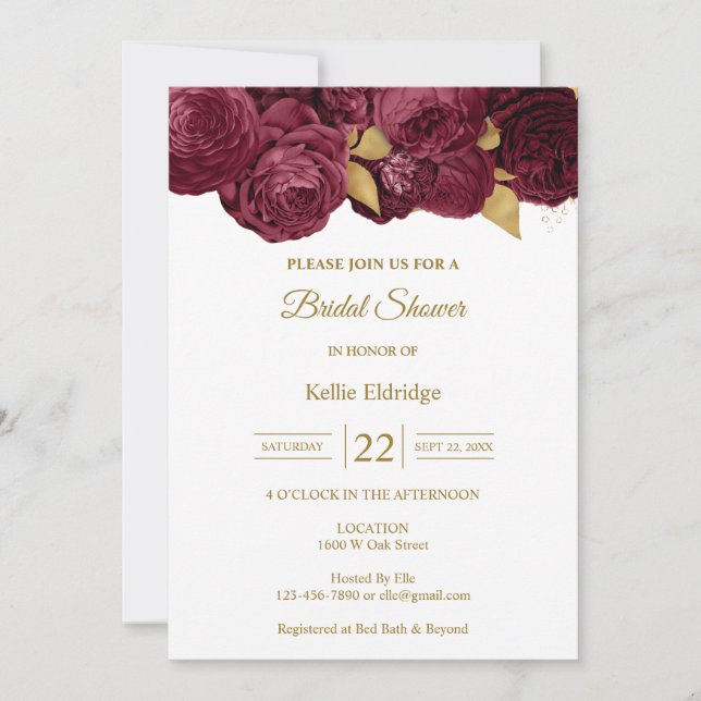 Convite de Chuveiro Nupcial Floral Burgundy e Dour (Frente)