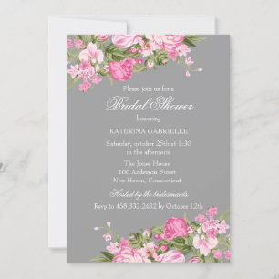 Convite de Chuveiro Nupcial Floral Cinza Rosa Shab