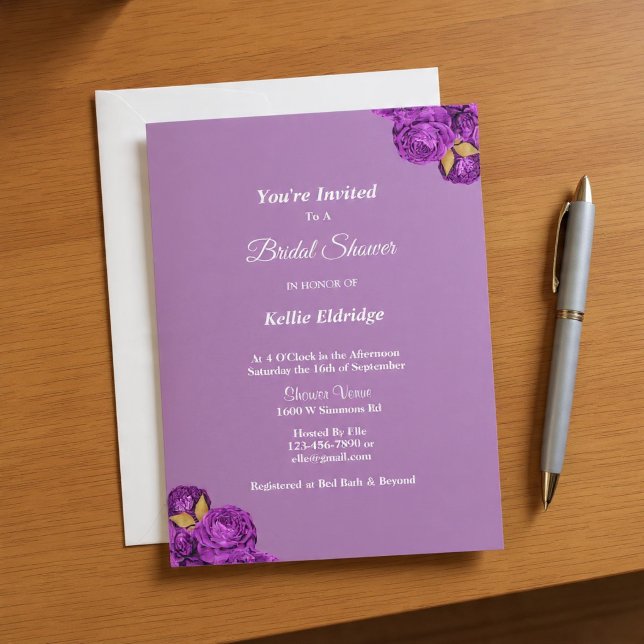 Convite de Chuveiro Nupcial Floral Roxo e Dourado (Criador carregado)
