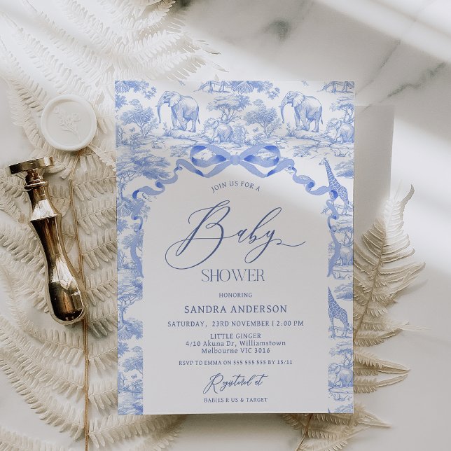 Convite de Chuvinha Azul de Toile De Jouy para Men (Safari Baby Shower Invitation BLUE, Toile Shower Invite,Toile De Jouy Blue Baby Shower Invitation)