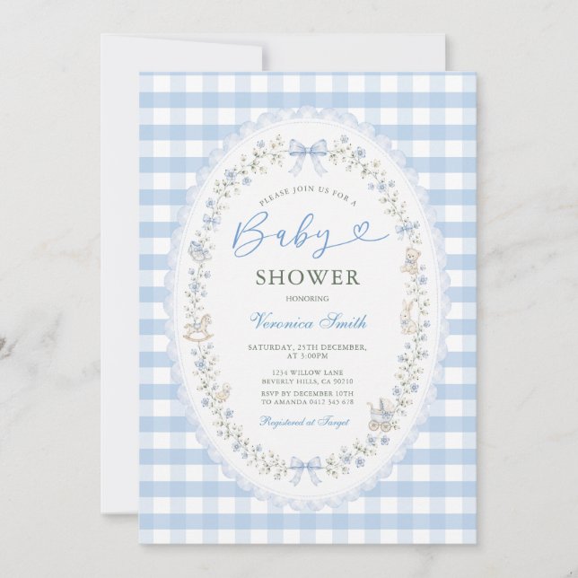 Convite de Chuvinha de Bebê Azul Floral Baby Blue  (Frente)
