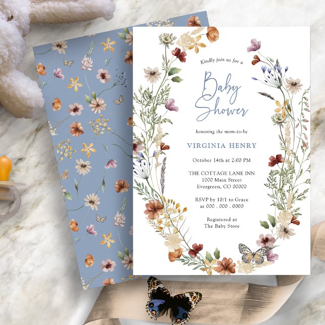 Convite de Chuvinha de Bebê Blue Boho com Flores S (Dusty Blue Boho Wildflower Baby Shower Invitation with Butterfly by Painted Paperie
)