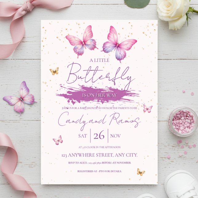 Convite de Chuvinha de Bebê Borboleta (A little butterfly is on her way – pink and purple baby shower invitation design.)