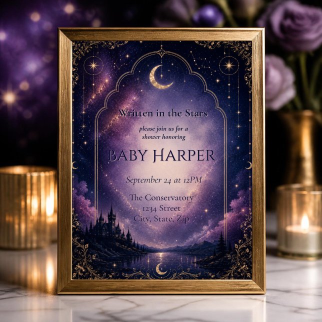 Convite de Chuvinha de Bebê Celestial | Castelo ao (Dreamy celestial baby shower invitation with moonlit castle, purple galaxy sky & elegant gold accent)