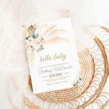 Convite de Chuvinha de Bebê com Grama Pampas Boho