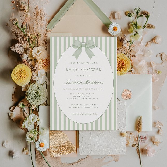 Convite de Chuvinha de Bebê com Listras em Verde S (Sage Green Bow Striped Baby Shower )