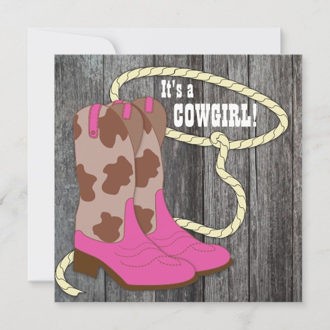 Convite de Chuvinha de Bebê Cowgirl em Madeira de  (Frente)