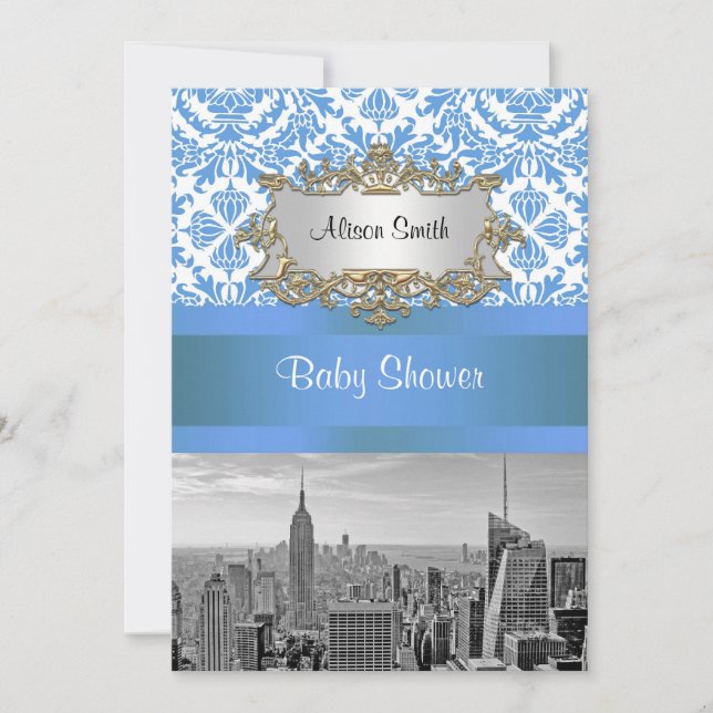 Convite de Chuvinha de Bebê D4 Damask NYC Skyline  (Frente)