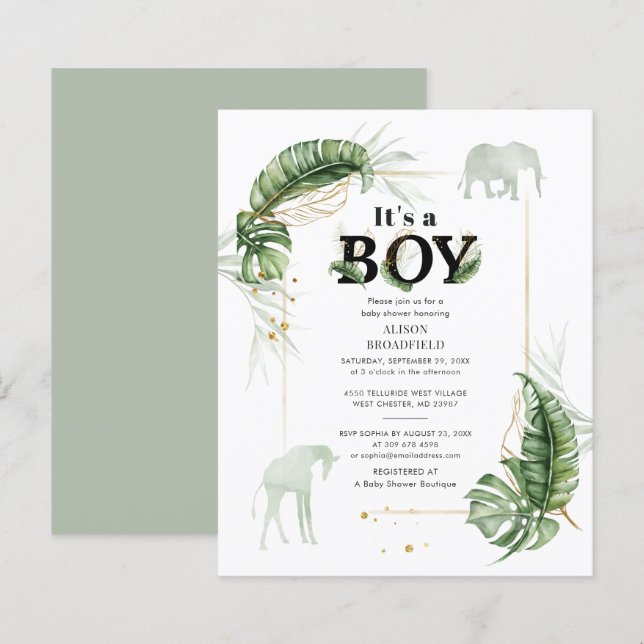 Convite de Chuvinha de Bebê de Elefante Girafa par (Frente/Verso)