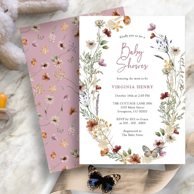 Convite de Chuvinha de Bebê de Flores Silvestres B (Dusty Pink Boho Wildflower Baby Shower Invitation with Butterfly by Painted Paperie
)
