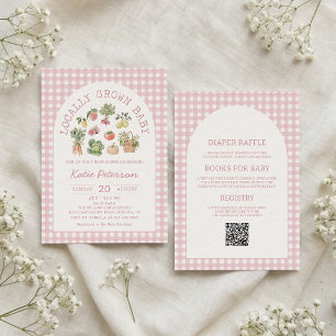 Convite de Chuvinha de Bebê de Xadrez Rosa Cultiva