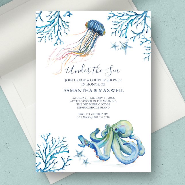 Convite de Chuvinha de Bebê em Aquarela Sob o Mar (Under the sea baby shower theme unique watercolor art by Victoria Grigaliunas of Do Tell A Belle)