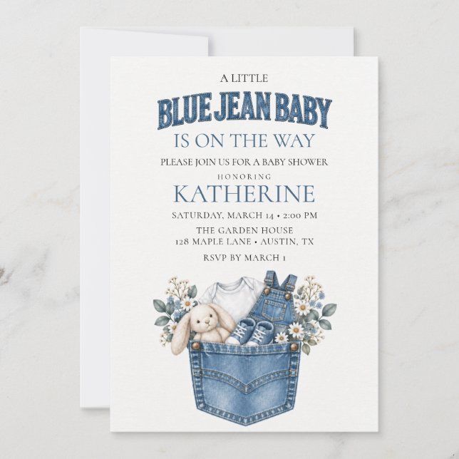 Convite de Chuvinha de Bebê em Azul Jeans (Frente)