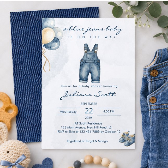 Convite de Chuvinha de Bebê em Jeans Azul Aguarela (Criador carregado)
