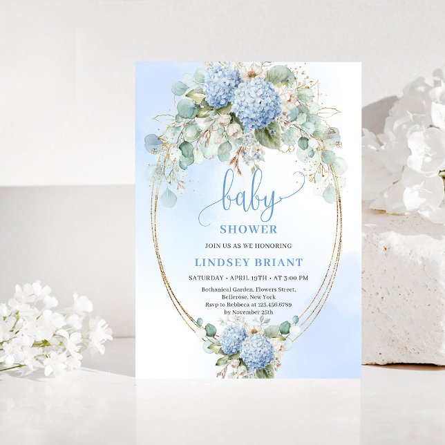 Convite de Chuvinha de Bebê Hortênsia Azul Românti (Romantic Blue Hydrangea Baby Shower Gold Invitation)