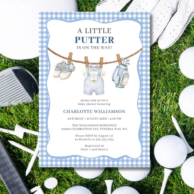 Convite de Chuvinha de Bebê Little Putter Azul par (Little Putter Blue Golf Clothesline Baby Shower Invitation)