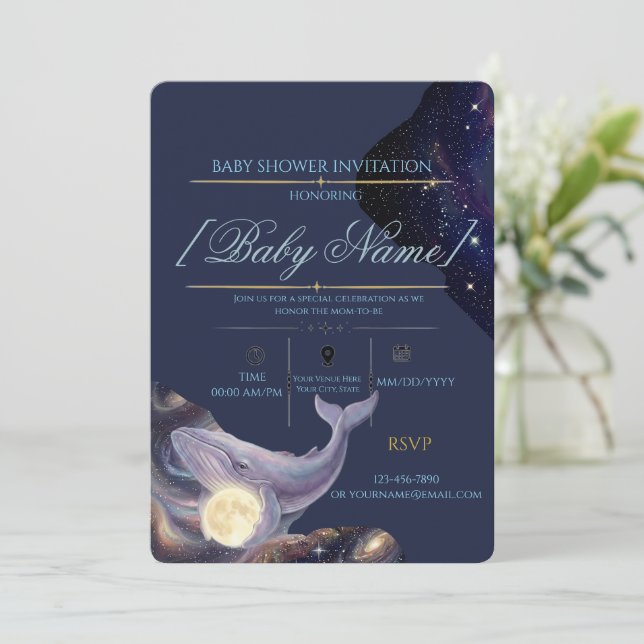 Convite de Chuvinha de Bebê Lua Celestial (Em pé/Frente)