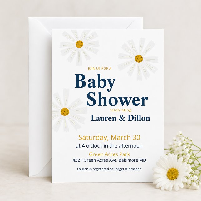 Convite de Chuvinha de Bebê Margarida Fofa de Prim (Daisy Baby Shower Theme)