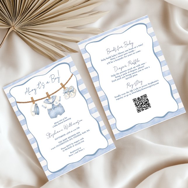 Convite de Chuvinha de Bebê Menino Náutico Tudo-em (Nautical Boy Clothesline All-in-One Baby Shower Invitation)
