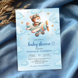 Convite de Chuvinha de Bebê Menino Urso Teddy Pilo