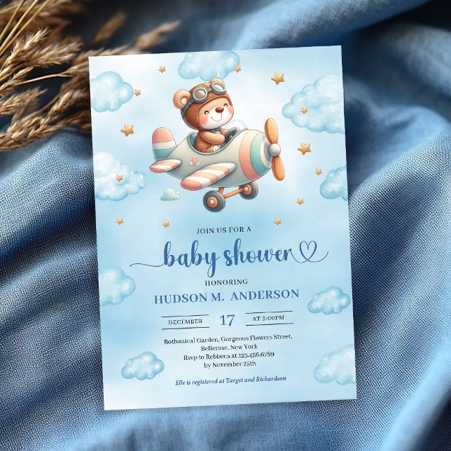Convite de Chuvinha de Bebê Menino Urso Teddy Pilo (Sweet Boy Shower Invitation Teddy Bear Pilot Blue Brown

)